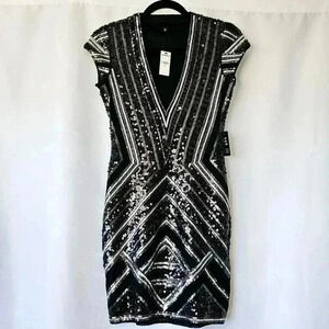 😍 NWT 😍 Express V-Neck Sequin Mini Dress, Black and Silver, Size XS